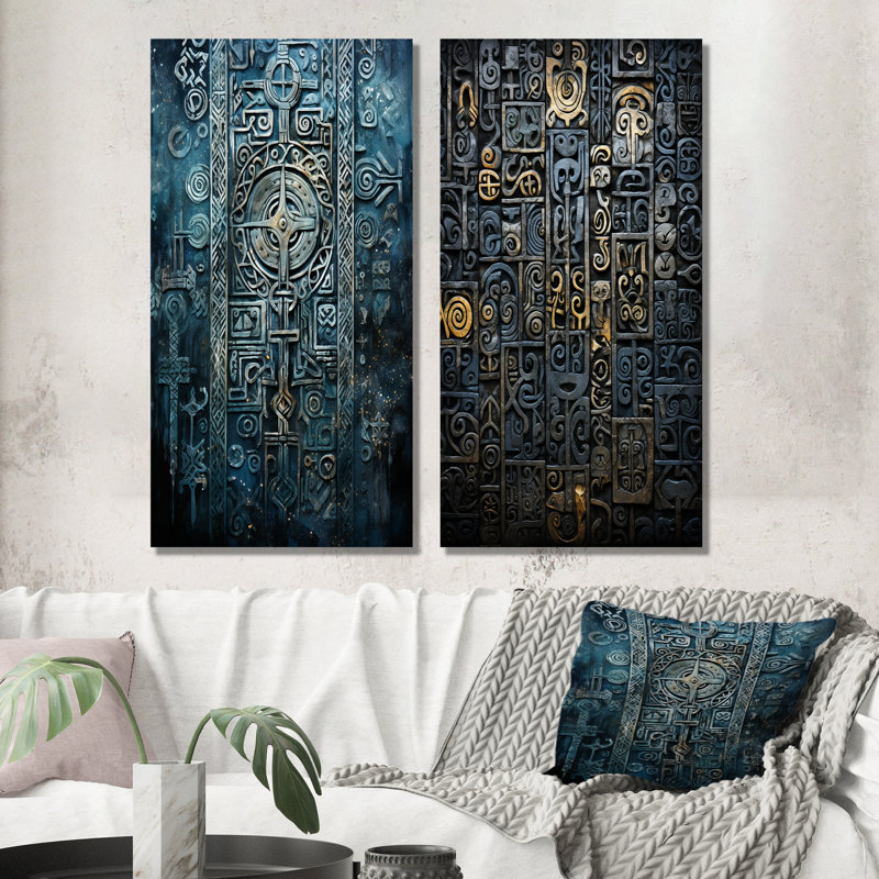 «Blue and Gold Maya Tile Impressions II», ensemble de 2 décorations murales abstraites en métal, H 32 po x l 32 po
