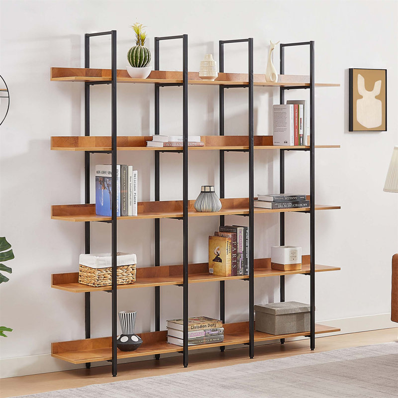 Bibliothèque à 5 niveaux de style industriel rétro, panneau en panneau de fibres à densité moyenne et cadre en métal pour le rangement de bureau personnel