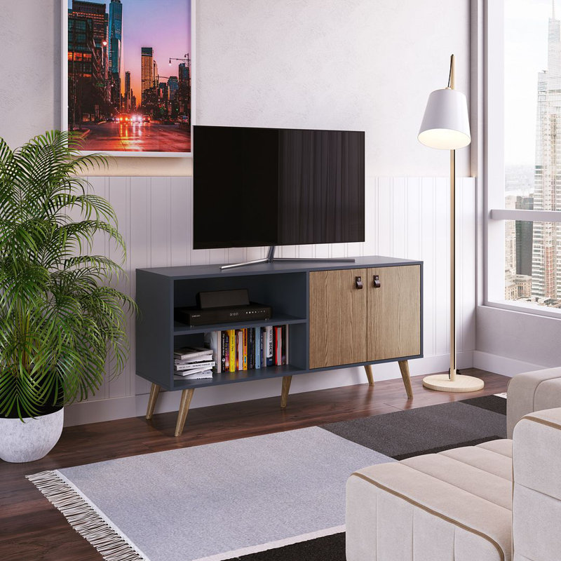 Amber 54" Mid-Century Modern 3-Shelf TV Stand for TVs up to 50" in Blue and Natural, Brown/Blue