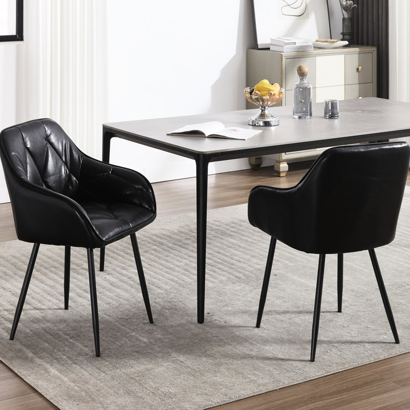 2 chaises de salle à manger avec accoudoirs, revêtement en similicuir noir, confortable, pour 2 pièces, chaises de cuisine rembourrées, cuir, siège confortable avec structure en métal et espace de vie