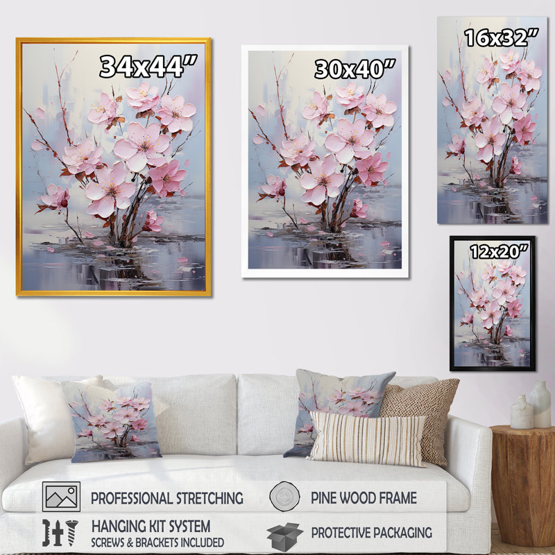 Rose et gris fleur de fuchsia Serenity Blooms 1 - Fuschia, art mural, Cadre doré simple, H 32 po x l 24 po x P 1 po