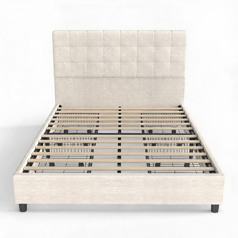 Structure de grand lit avec 4 tiroirs, lit plateforme avec tête de lit, aucun sommier requis, Blanc, Grand lit