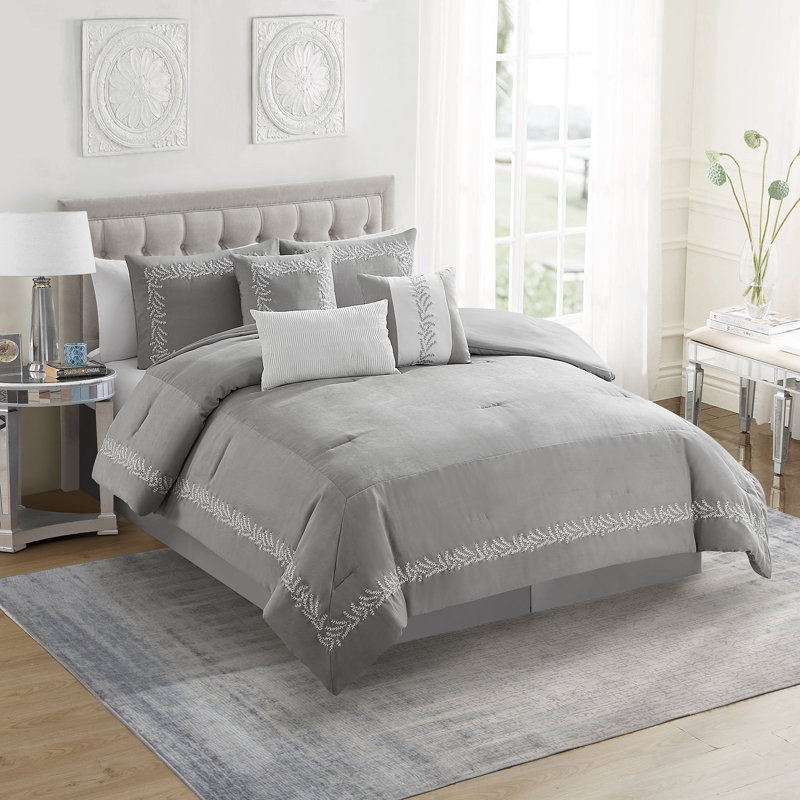 Salerno 7 Piece Faux Suede Elegant Bedding Set By Sweet Home Collection, Queen Comforter + 6 Additional Pieces, Gray