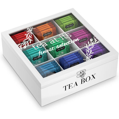Boîte de rangement pour sachets de thé en bois à 9 compartiments avec couvercle en verre transparent