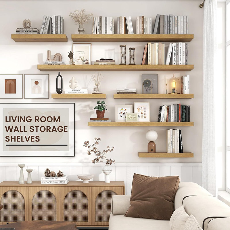 48" Large Floating Wall Shelves Set Of 2, Wood Shelves With Hidden Brackets, Oak, 1.5" H x 48" W x 9" D