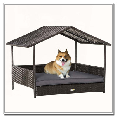 Wicker Dog House Outdoor with Canopy, Rattan Dog Bed