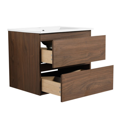 Modern Wall Mounted Bathroom Vanity With Ceramic Sink & 2 Steadily Close Drawers 24" Sink. Soft Drawers, Campaign. Style, Plywood