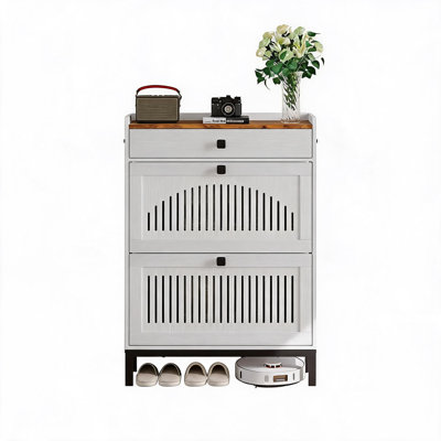 Range-chaussures autoportant en bois avec 2 tiroirs rabattables, des tablettes réglables et un tiroir de rangement supérieur, un organisateur de chaussures dissimulé mince avec un crochet latéral pour le vestibule, le couloir et le salon