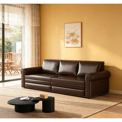 Chesterfield King Pull Out Sofa Bed, 3-In-1 Faux Leather Convertible Sleeper With Nailhead Trim & Rolled Arm, Multi-Functional And Stylish