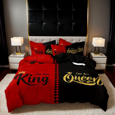 Literie Shenglei en microfibre imprimée rouge et noire avec 2 taies d'oreiller, taille double (garnitures non comprises)