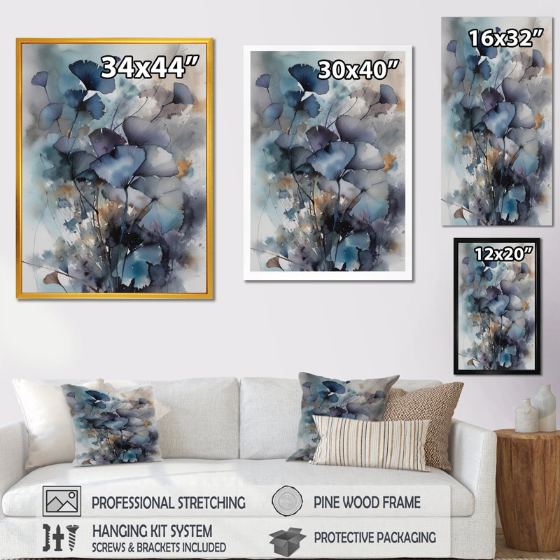 «Blue and Flowers Bouquet interprétation», impressions sur toile, H 32 po x l 16 po, Cadre flottant brun