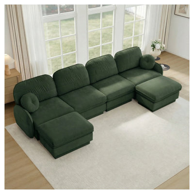 Canapé modulaire surdimensionné en U 137 po en chenille vert avec repose-pieds mobiles 137 po