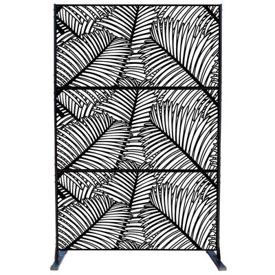 Kozyard Metal Privacy Screen Decorative Outdoor Divider With Stand Panels (Black Palm Leaf) by Kozyard