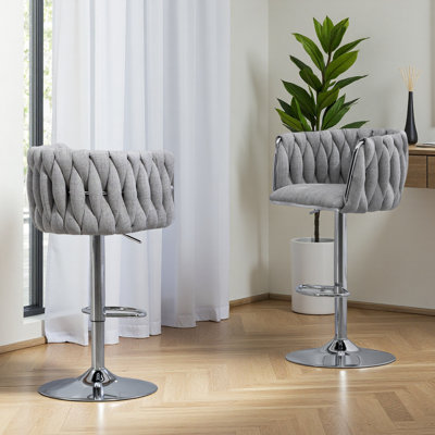 360° Fabric Cover Swivel Bar Stools Set Of 2, Adjustable Counter Height Bar Chairs With Woven Back & Footrest