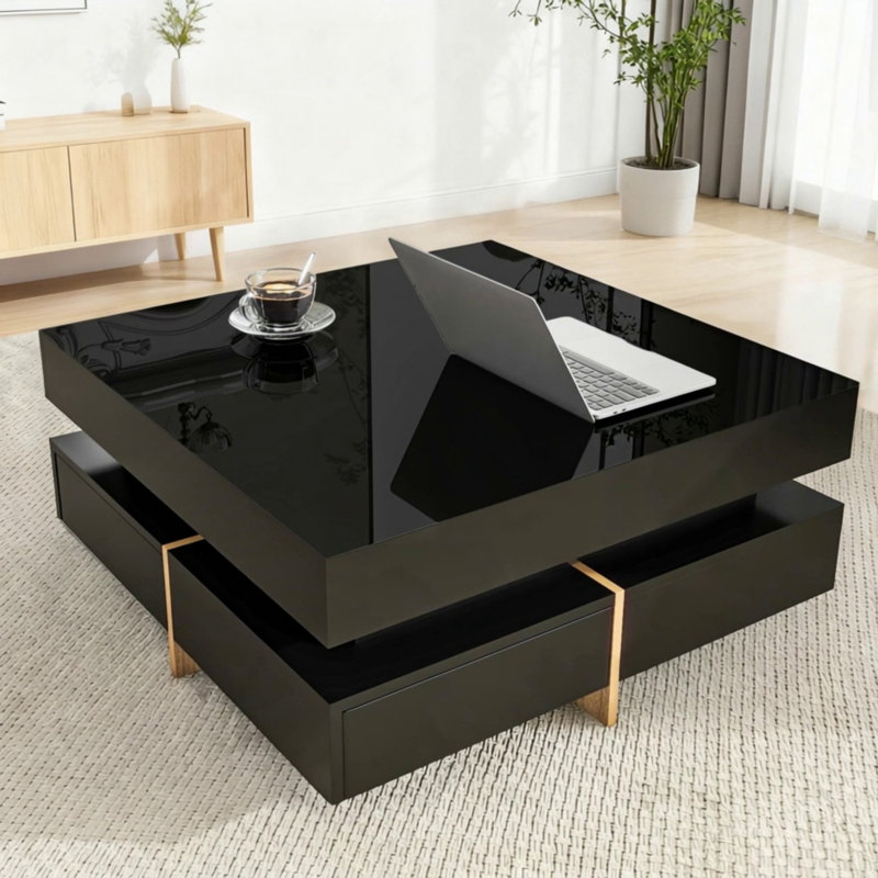 Table basse moderne à 4 tiroirs ultrabrillante, Noir