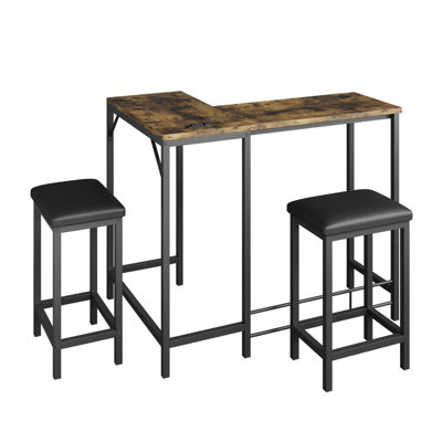 3-Piece Convertible l-Shaped Bar Table Set, Counter Height Dining Table with Upgraded USB+Type-c Charging Station & Cable Management Hole, Space Saving Pub Table with 2 Padded Bar Stools