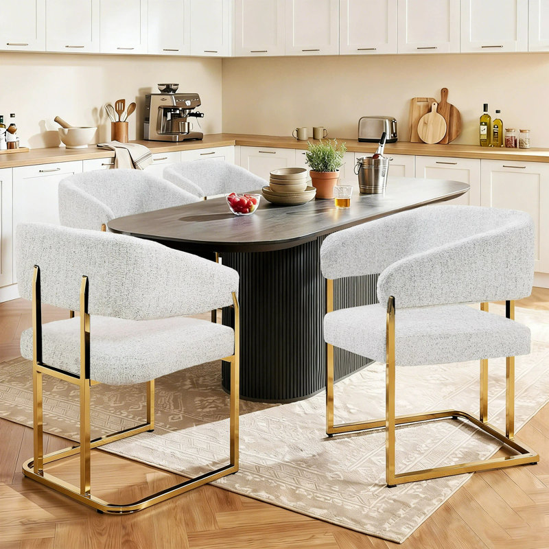 56CM Wide Modern Metal Frame Chenille Upholstered Armchair Dining chair, White
