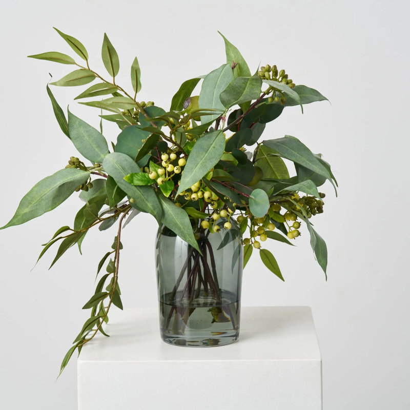 Lifelike Seed Pod Needle Leaf & Silver Dollar Eucalyptus, Smilax & Pepperberry Everyday Greenery Water Illusion Arrangement in Smoke Glass Vase