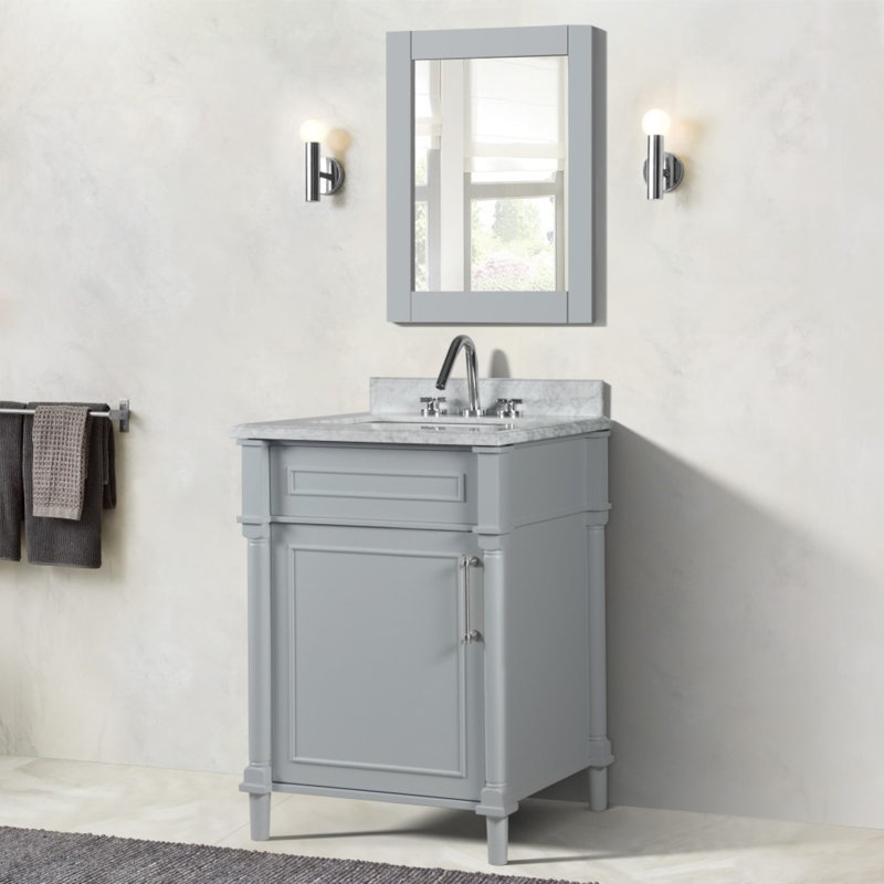 Meuble-lavabo simple 24 po avec plateau en marbre de Carrare blanc, Gris clair