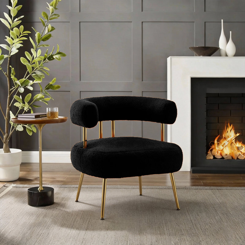 Maybrie 28.8" Wide Tufted Armchair, Black Boucle, Gold