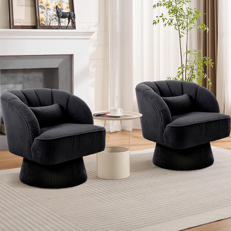 Fauteuil pivotant à rayures, fauteuil d'appoint moelleux avec coussin, Velours côtelé | Noir