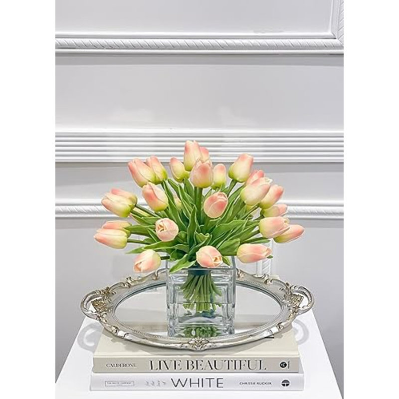 Peach Tulips Floral Arrangement, Real Touch Tulip Centerpiece,modern Artificial Arrangement Flowers In Glass Vase,french Decor Tulips Flower