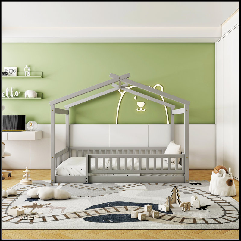 Structure de lit en bois avec clôture, parfaite pour les enfants et les adolescents, alliant confort et design ludique, Gris