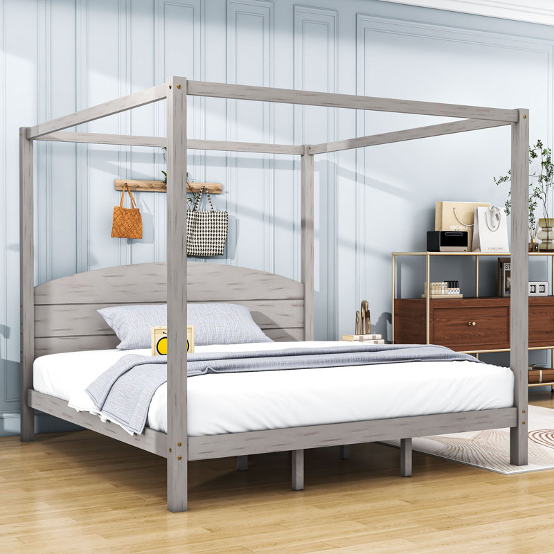 Braderick King Wooden Canopy Platform Bed with Headboard, Gray Wash