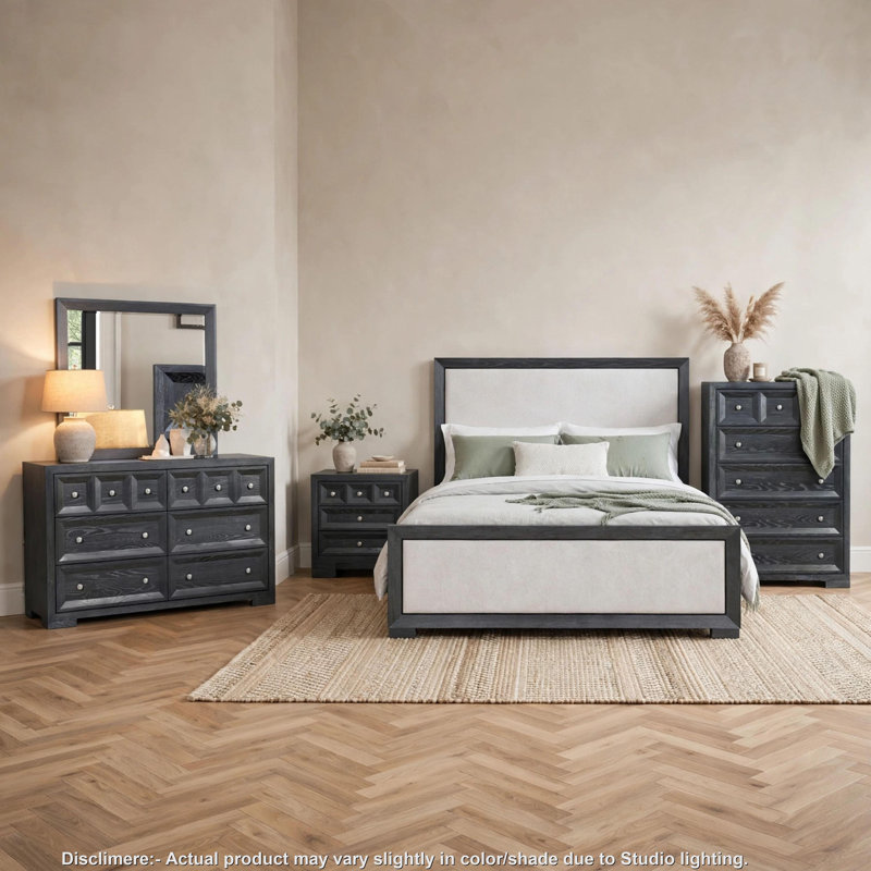 Ensemble de chambre avec grand lit, commode, table de chevet 5 pièces Kizie, Noir / blanc