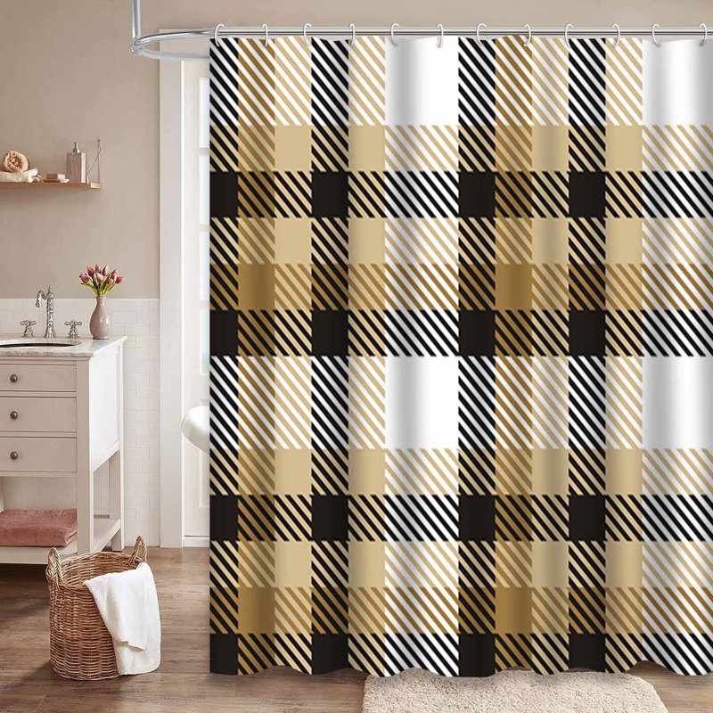 Rideau de douche à carreaux gris et blanc avec 12 crochets, L 72 po x l 84 po