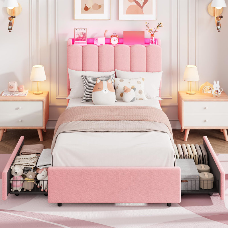Lit plateforme tapissier à DEL avec tiroirs de rangement et tête de lit ondulée, aucun sommier requis, Lit double, Rose