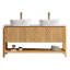 Meuble-lavabo 60 po, lavabo autoportant en contreplaqué avec 4 portes en bambou texturé et tablette ouverte, 2 lavabos en céramique à motif marbré et plateau en pierre frittée blanc de Carrare, couleur grain de bois