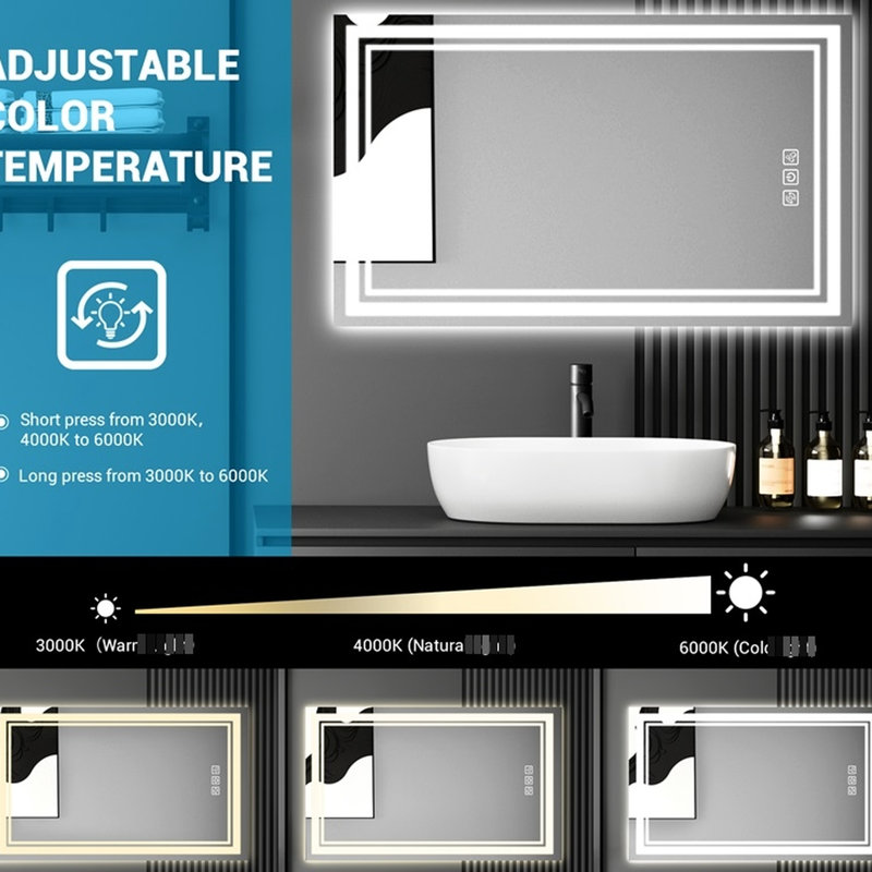 Miroir de salle de bain mural 40 po x 24 po avec Hd de 5 mm, 3 couleurs réglables, Cri90 +, fonction mémoire, éclairage avant et arrière, 5 minutes, fonction