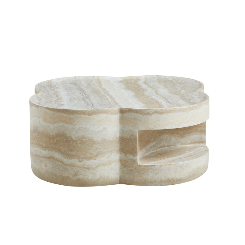 Modern Fiberglass Coffee Table, Clover-Shaped Faux Travertine Tea Table with Open Storage, Sculptural Center Table for Living Room
