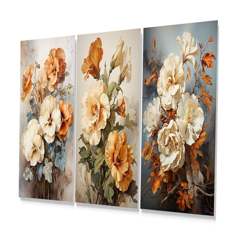 Sephia Vintage Pensies Embrace - Pensées, ensemble de 3 reproductions d'art en métal, H 32 po x l 48 po
