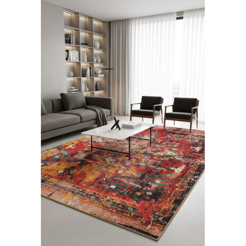 Tapis décoratif rouge, orange et vintage, Rectangle 7 pi 7 po x 10 pi 10 po