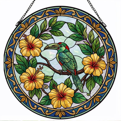 Tropical Bird Stained Glass Window Panel，12"H