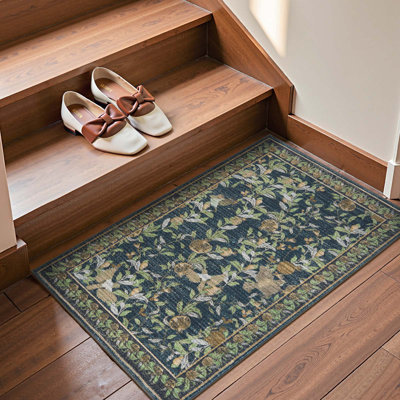 Eden Floral Rug Soft Vintage Fall Decor Washable Non-slip Distressed Blue