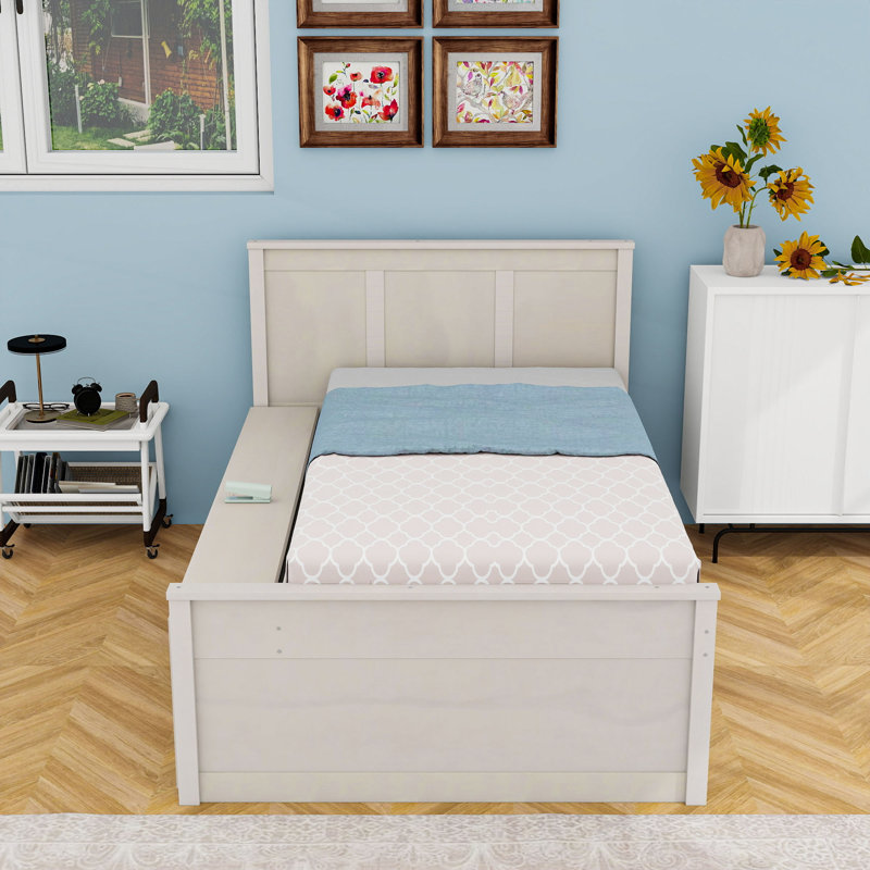 Lit plateforme coulissant en bois avec tablettes de rangement intégrées et lit gigogne, Lit simple, Blanc, crème