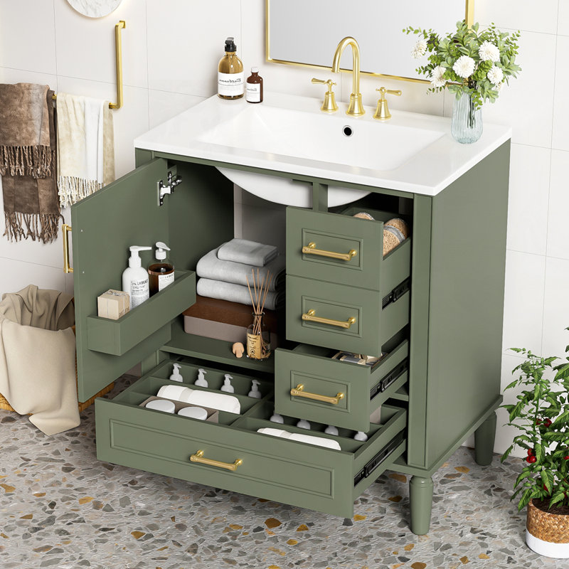Meuble-lavabo moderne avec rangement abondant et design fonctionnel, Vert olive