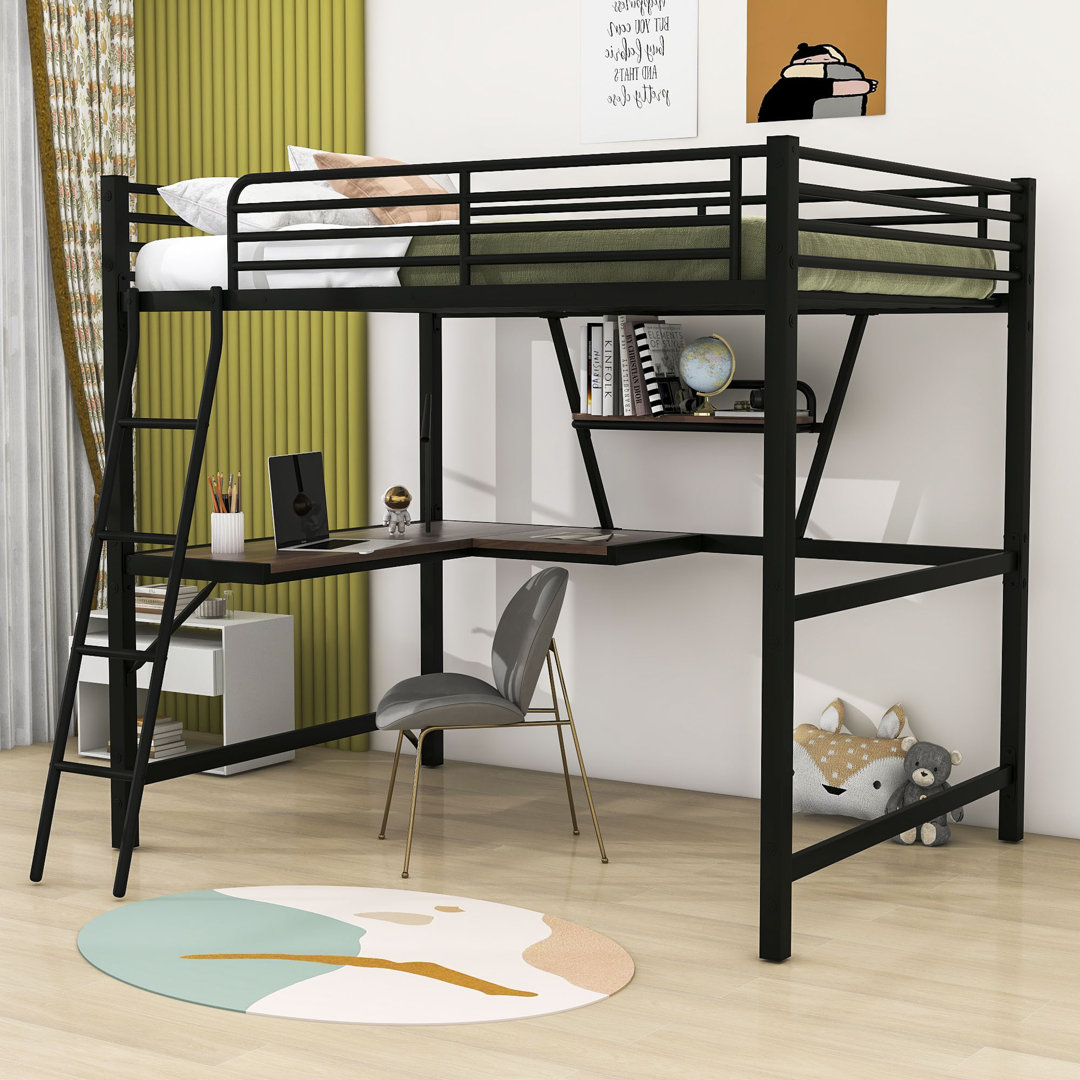 Astor Kids Full Size Metal and Wood Loft Bed with L-Shaped Desk and Shelf Mason & Marbles Bed Frame 