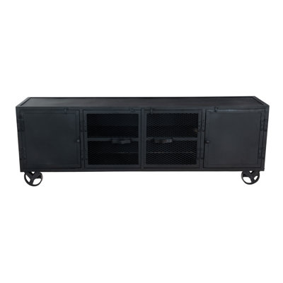 Industrial Black Metal TV Stand – 70.5” Media Console with Storage, Grated Doors & Wheels