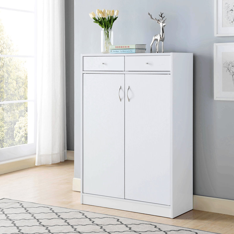 Armoire à chaussures blanche avec cinq tablettes, deux tiroirs, pour 15 paires de chaussures