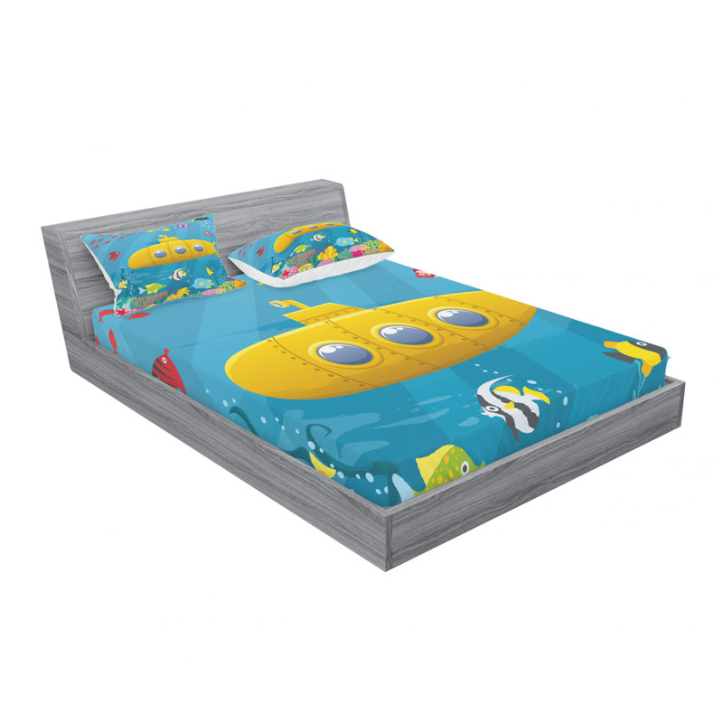 Ensemble de draps Coral Reef with Colorful Fish, Ensemble de draps pour grand lit avec 2 taies d'or