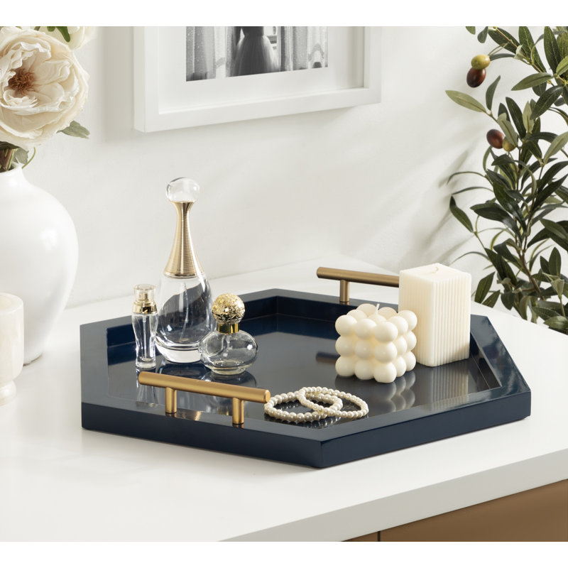Reith Hexagon Manufactured Wood Tray with Metal Handles, 2.20" H x 18.00" W x 15.66" D, Navy/Gold