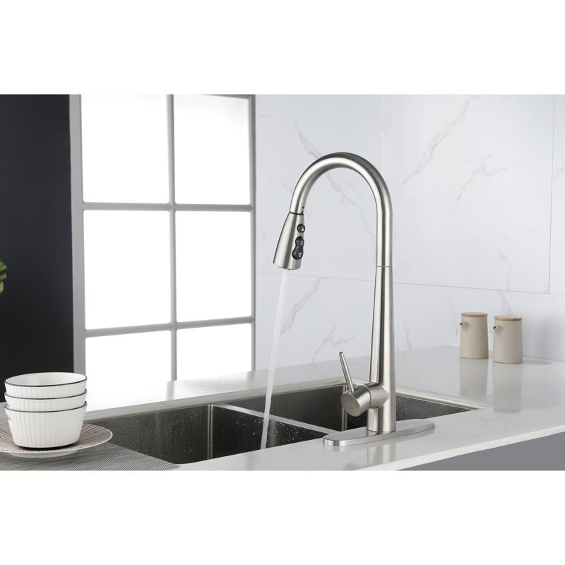 Robinet d'évier de cuisine à poignée simple avec douchette rétractable, matériau en acier inoxydable, aspect noir mat, révolution de la buse à arc élevé 360, trois réglages de débit d'eau, jet, pratique