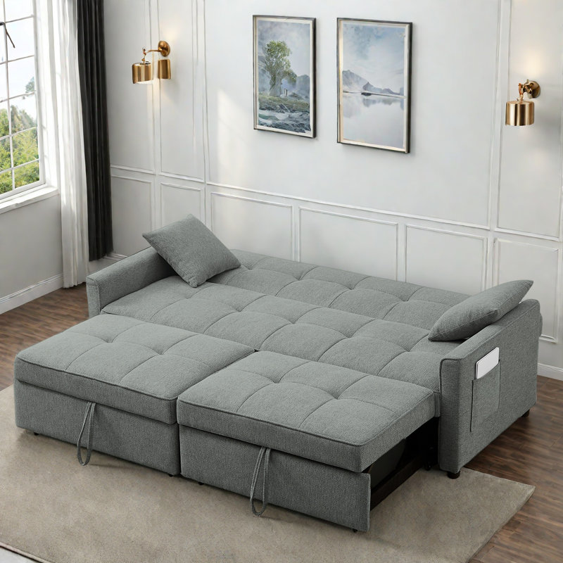3 In 1 Convertible Sleeper Sofa Bed With Reclining Backrest, Pillows And Side Pockets, Gray