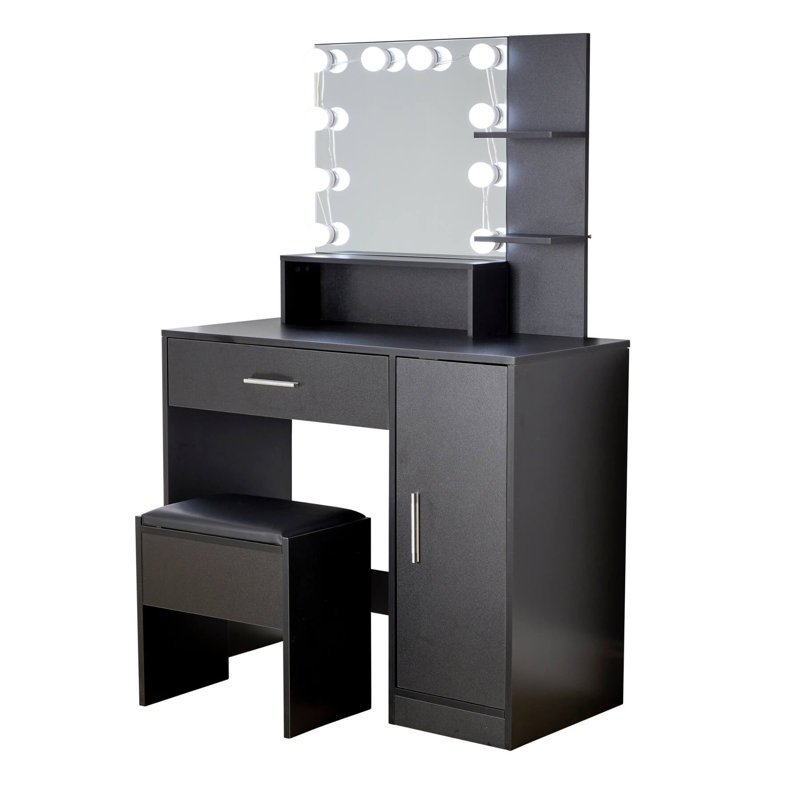 Roianne 1 Drawer Dressing Table Set with LED Mirror, Black