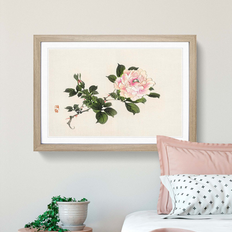 Pink Peony Flower by Kono Bairei - Framed Print, 35cm H x 50cm W x 2cm D, Oak