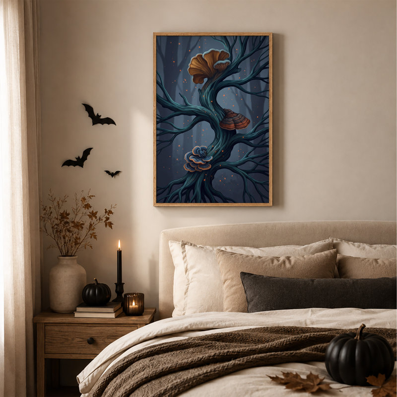 Arbre bleu avec champignons colorés dans une forêt brumeuse - Toile murale d'Halloween, 48"H x 36"W
